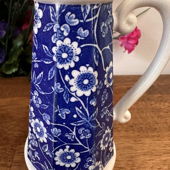 Vintage Blue and‎ White Floral Transferware Pitcher Scroll Handle Ceramic Jug - Picture 5 of 6